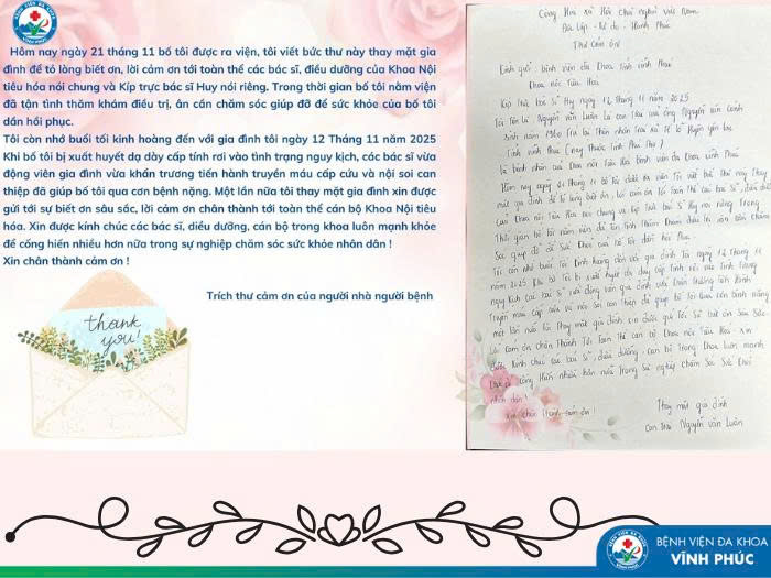 Một lá thư, cả tấm lòng: gia đình xúc động gửi lời cảm ơn Khoa Nội tiêu hoá